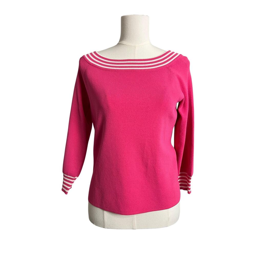 Michelle Antonelli Pullover Sweater Pink Boat Neck Striped Knit Preppy Twee M